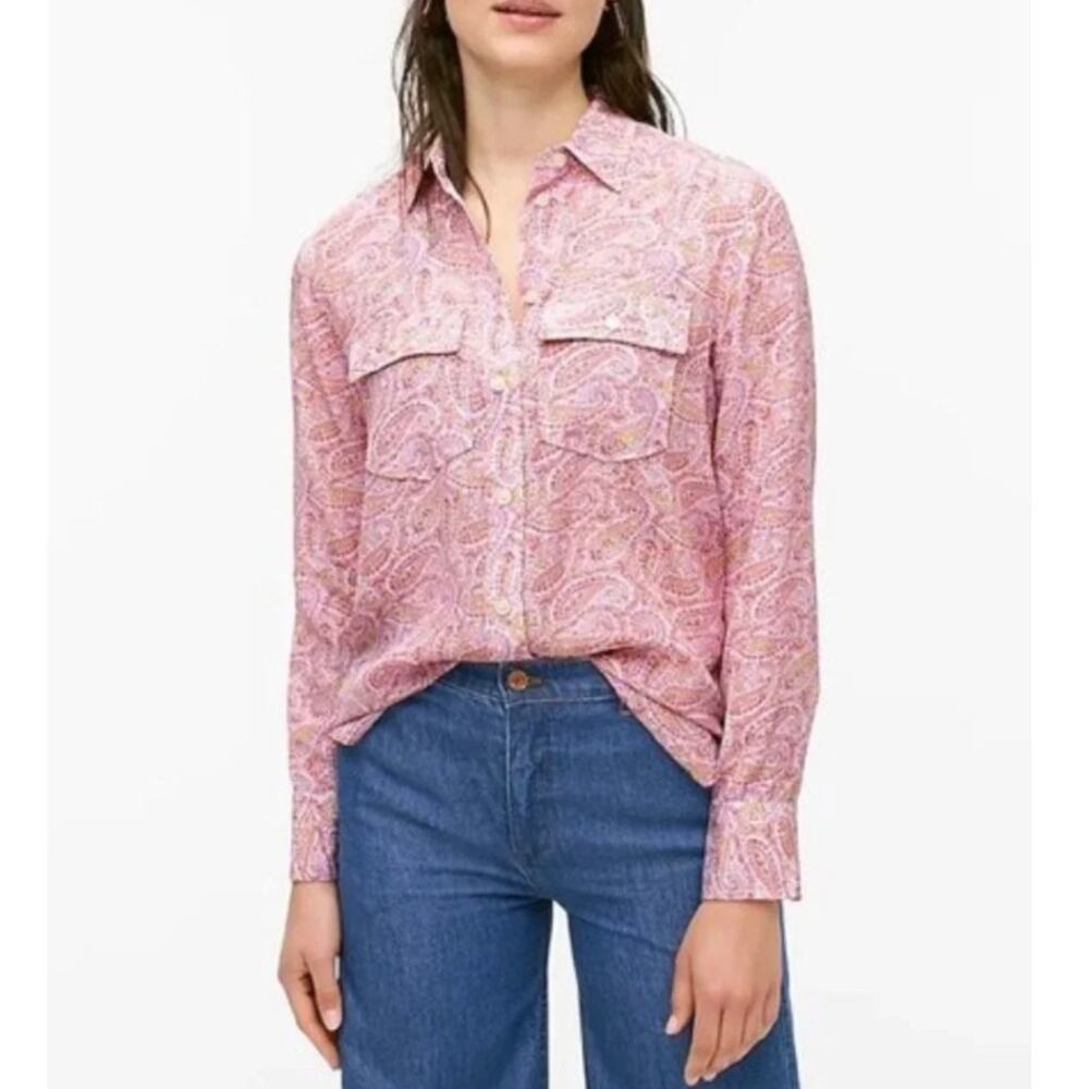 J.Crew 100% Silk Paisley Top Size 0 Pink Long Sleeve Collared Blouse Boho